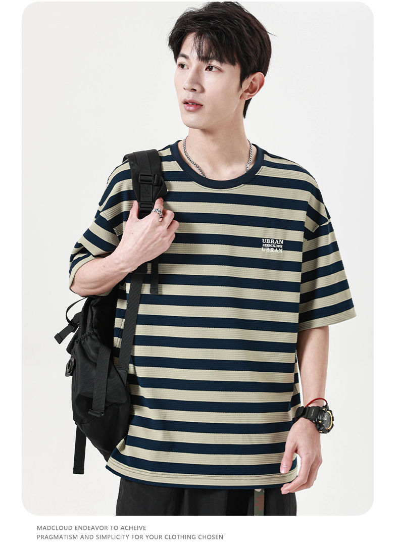 古川男装|2024夏季新款提花条纹短袖男宽松圆领套图百搭学生半袖详情12