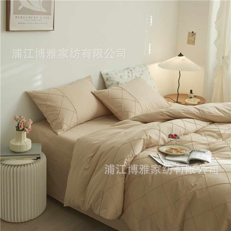 Wholesale of high-quality three or four-piece sets of washed cotton 40-count hand-knitted rhombus-shaped checkered plain pure cotton bedding pic 15