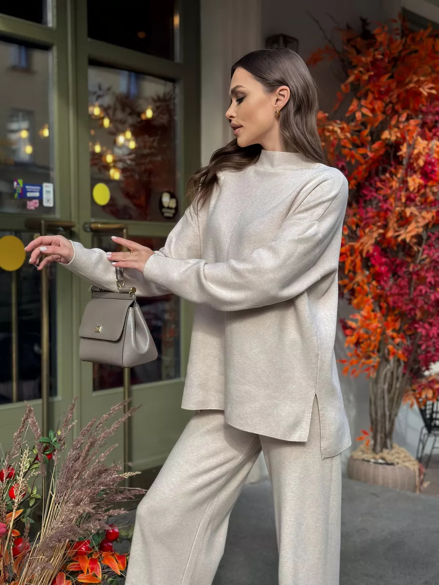 秋冬俄罗斯长袖宽松休闲长裤毛衣套装女跨境欧美热卖开叉套装详情4