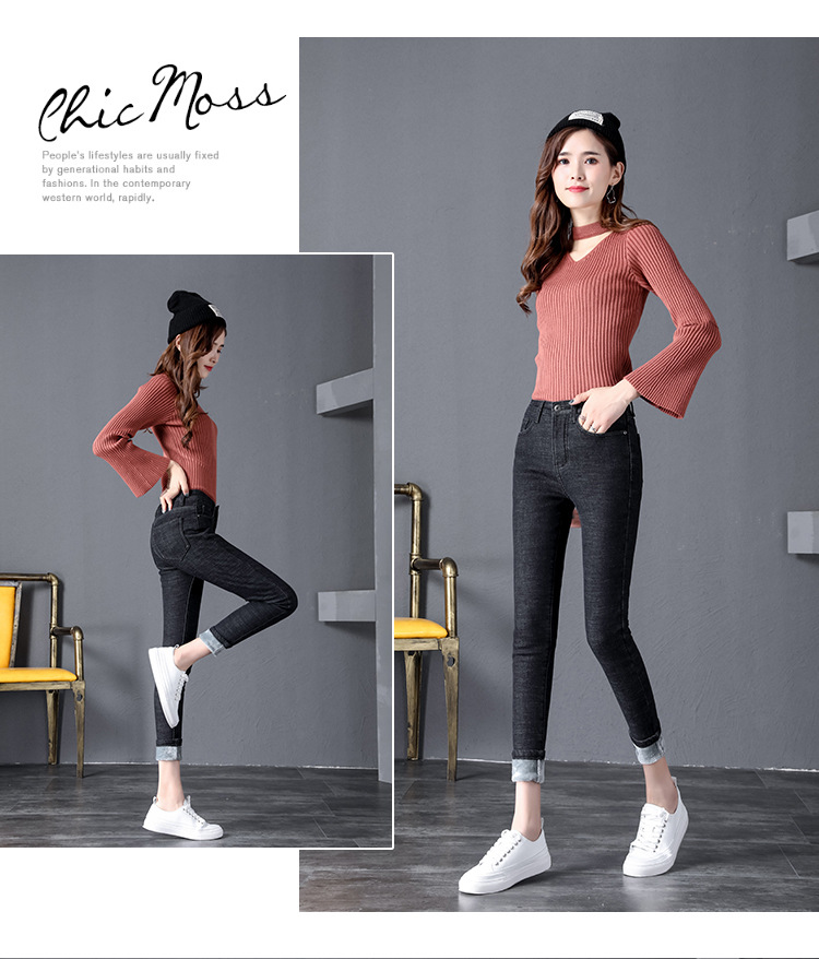 Winter fleece jeans for women, high-waisted, thick and warm Korean-style elastic slimming outerwear, small leg pants factory direct sales pic 21