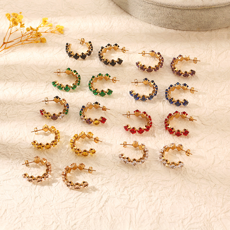 ins不锈钢方爪锆石耳环跨境时尚女式简约风钛钢七彩钻耳环耳饰品详情1