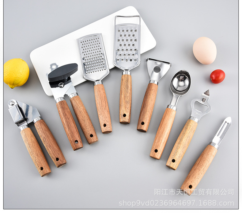 Household kitchen gadgets with acacia wood handles, stainless steel egg beater, ice cream spoon, pizza knife, cross-border set pic 9
