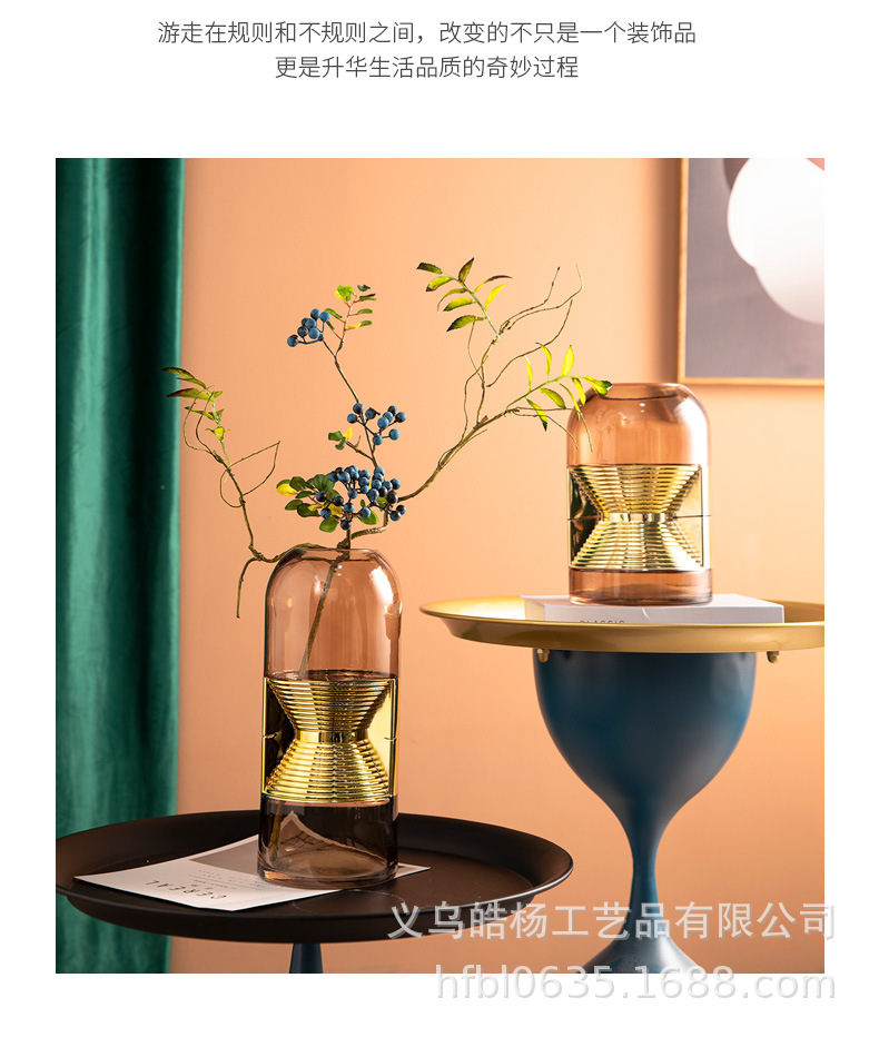 Minimalist, light luxury, high-end living room dried flower arrangement, irregular-shaped gold-plated glass vase combination, home decoration, ins style pic 6