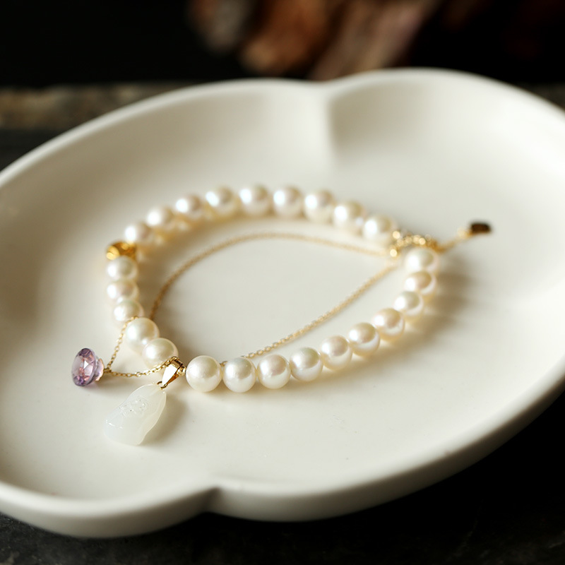 Pure gold K gold handcrafted natural nearly round freshwater pearl bracelet, 18K gold chain hanging amethyst, original DIY for women pic 8