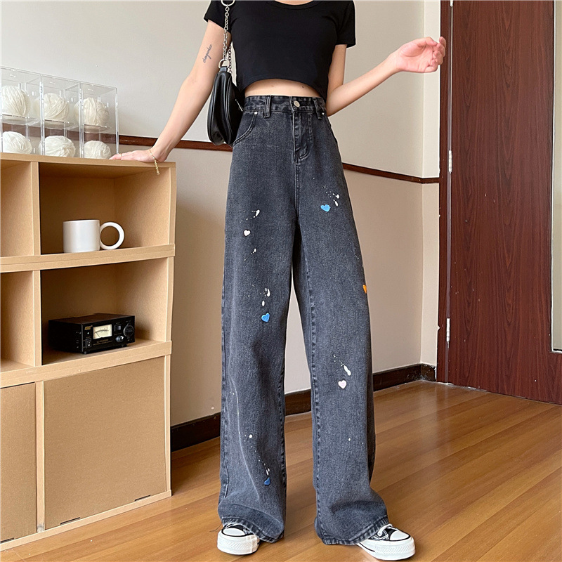 The new Korean style high-waisted straight-leg loose, slimming, wide-leg black floor-length jeans for women in spring and summer are trendy pic 10