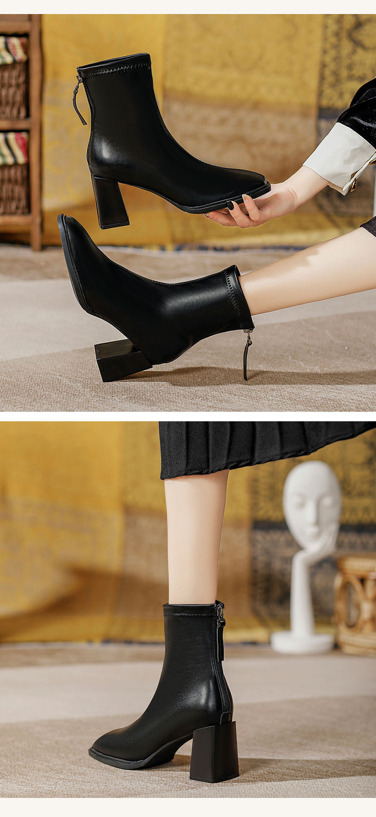 法式高跟短靴2023年新款粗跟时装靴子软皮白色春秋单靴方头瘦瘦靴详情2