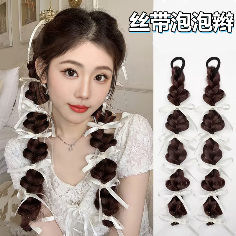 Wig, female ribbon braid, bubble braid, highlight dyed lantern braid, double ponytail, realistic hair strands pic 3