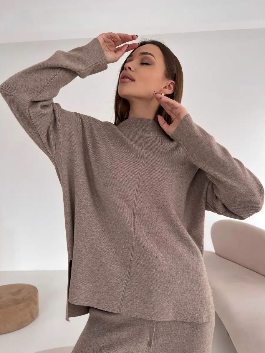 秋冬俄罗斯长袖宽松休闲长裤毛衣套装女跨境欧美热卖开叉套装详情19