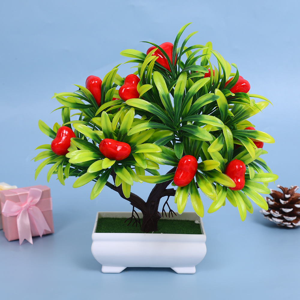 A comprehensive collection of simulated fruit potted plants and bonsai, including red apples, pomegranates, strawberries, oranges, peaches, mangoes, bananas, and red peppers for decoration pic 16