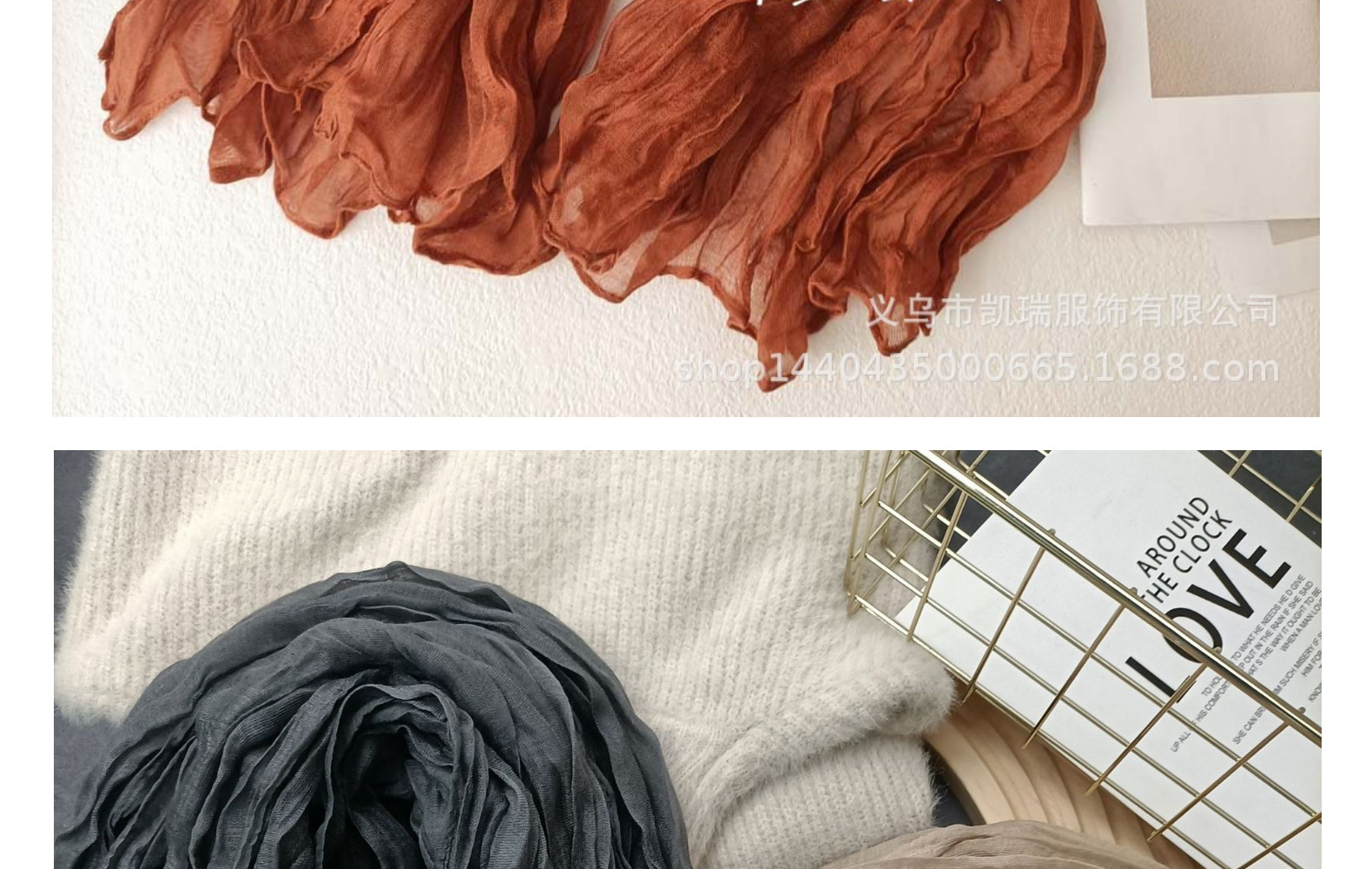 纯色棉麻围巾复古秋冬新款褶皱绿色复古薄长条披肩男女士保暖丝巾详情18