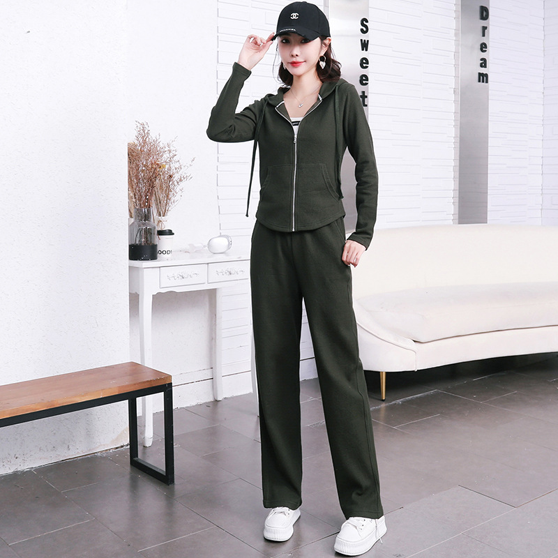 Early spring pure cotton fashionable casual set for women, loose, sporty and slimming straight-leg high-waisted wide-leg pants, zipper hooded jacket pic 23