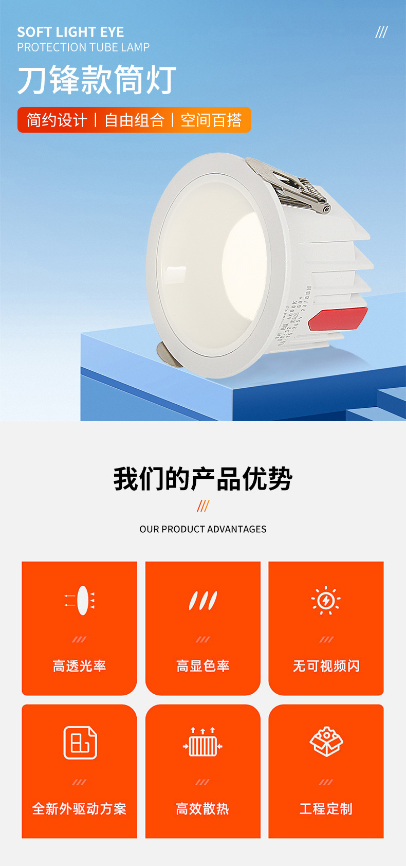 Full-spectrum downlight, embedded, ultra-thin household anti-glare, eye-protecting, anti-blue light ceiling light, wall-washing light, no main light, Zhongshan pic 1
