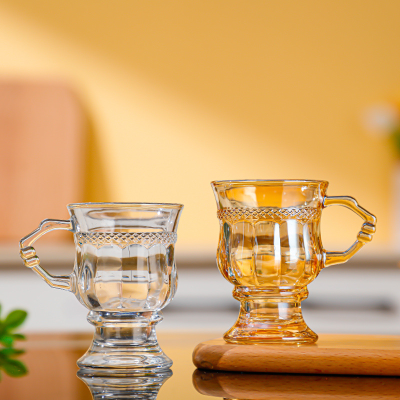 Simple and retro embossed European-style water cup, glass cup, coffee cup, souvenir, amber color, high appearance level water cup pic 1