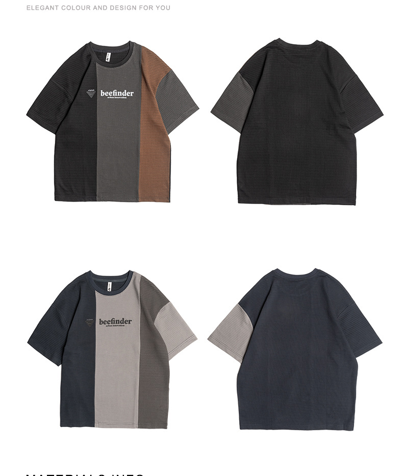 Summer Waffle short-sleeved T-shirt for men, loose round neck, color-blocked trendy brand, Japanese retro half-sleeved men pic 2