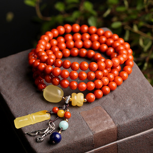 仇氏 天然南红玛瑙7mm圆珠手链 川料火焰红南红手串绕四圈佛珠详情10