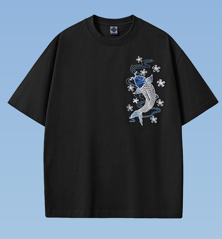 国潮夏季新款260克重磅纯棉短袖t恤男中国风锦鲤刺绣宽松大码男装批发 pic 23