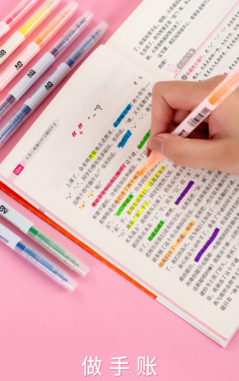 Grueso y fino doble cabeza highlighter hand book pen gran capacidad wholesale 6pcs set color candy stroke focus pen marcador pen pic 10