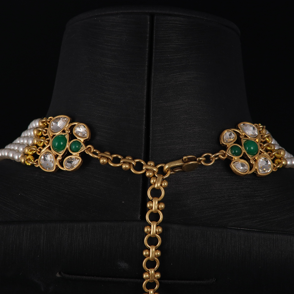 中古vintage高级感气质百搭铜镀真金哑光金彩色宝石镶嵌珍珠项链详情4