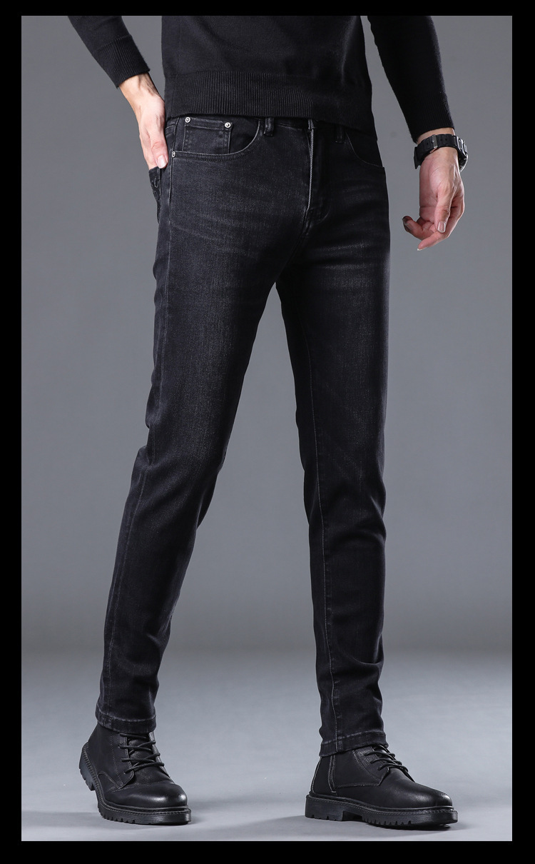 潮牌商务休闲直筒牛仔裤男2022秋冬新款青年印花烫钻修身小脚长裤详情12