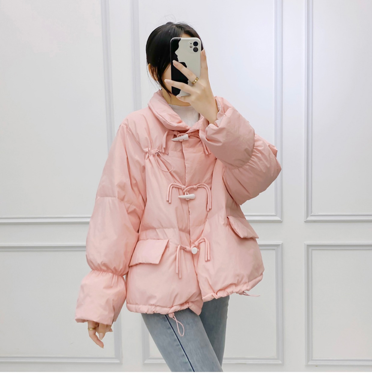 韩系仙女牛角扣羽绒服女洋气短款新款韩版宽松白鸭绒面包服外套潮详情11