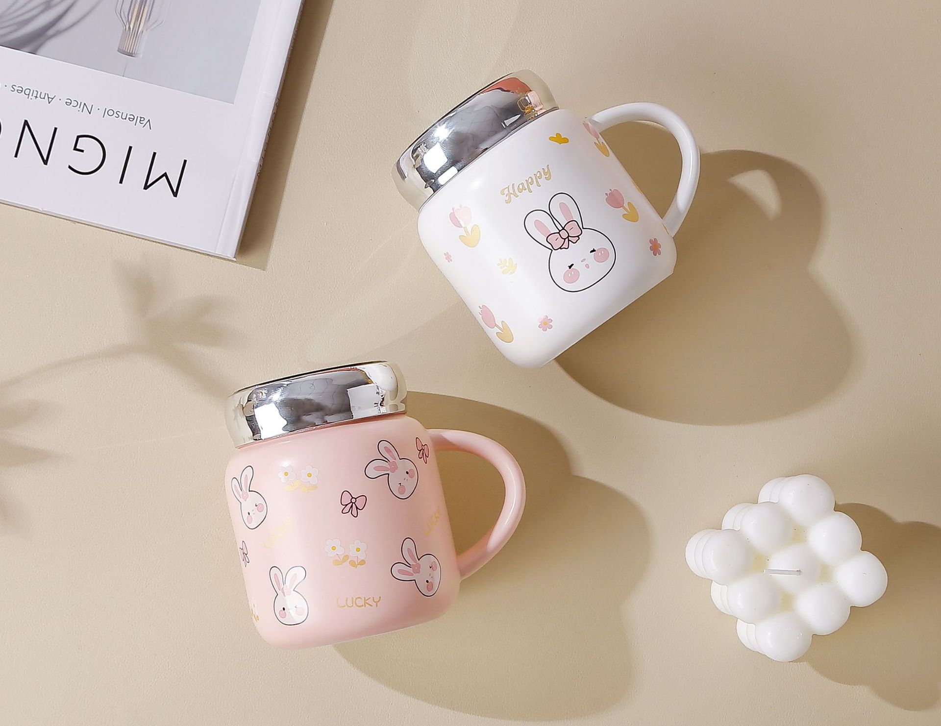 High appearance level, creative personality, cute mug with lid and spoon, home ceramic water cup, breakfast bow mug pic 3