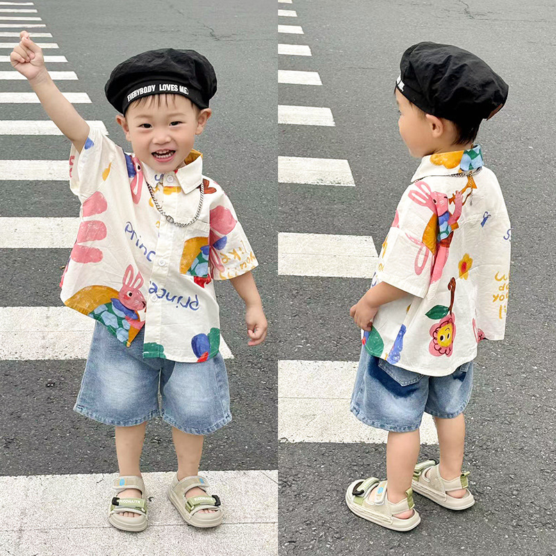 男童花衬衫短袖2024夏季新款儿童宝宝洋气翻领衬衣小童男孩潮上衣详情13