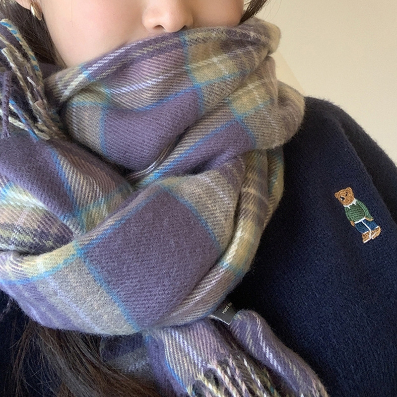 Korean style pink checkered scarf imitating cashmere winter purple scarf 2022 autumn and winter new style widened scarf shawl pic 35