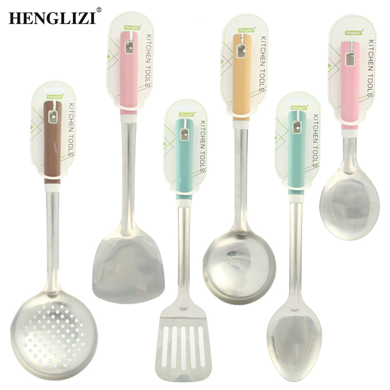 Cross-border household stainless steel spatulas, soup spoons, frying spatulas, strainers, non-stick pans, and colorful square handle kitchenware pic 2