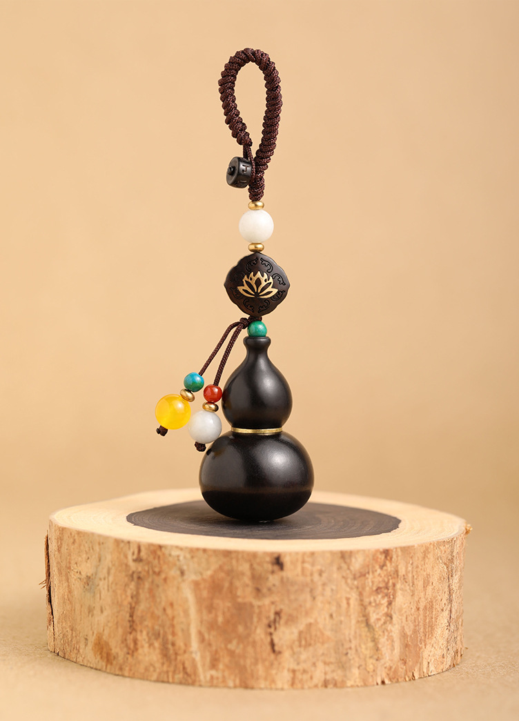 Car keychain wood carving pendant, natural ebony Baifu gourd peace keychain hanging accessory, small pendant for men and women pic 8