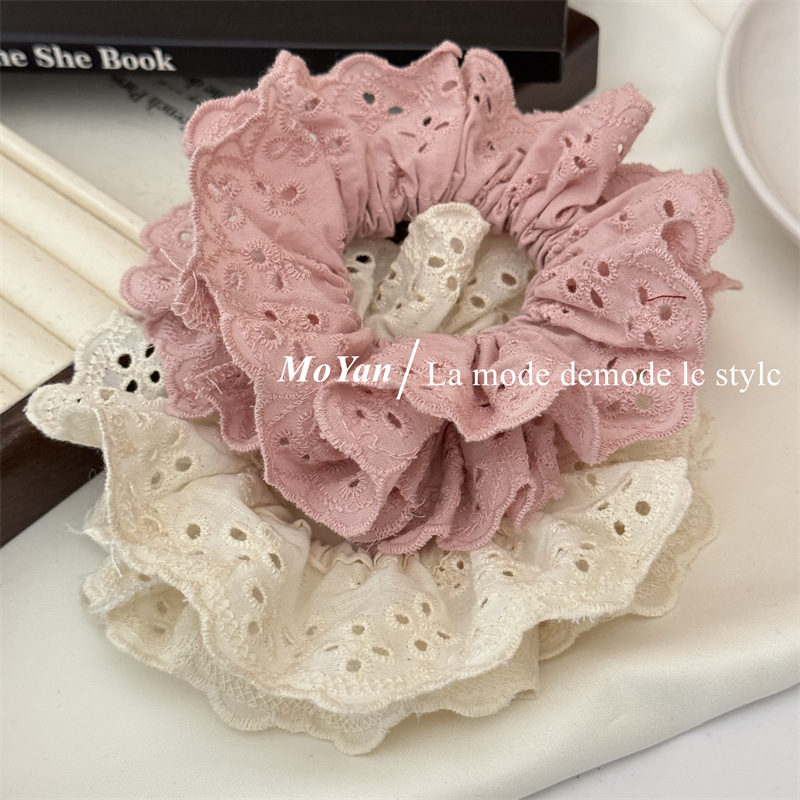 French retro atmosphere lace large intestine hair tie, popular embroidery with hollowed-out patterns and ruffled edges, hair accessory and hair band pic 20