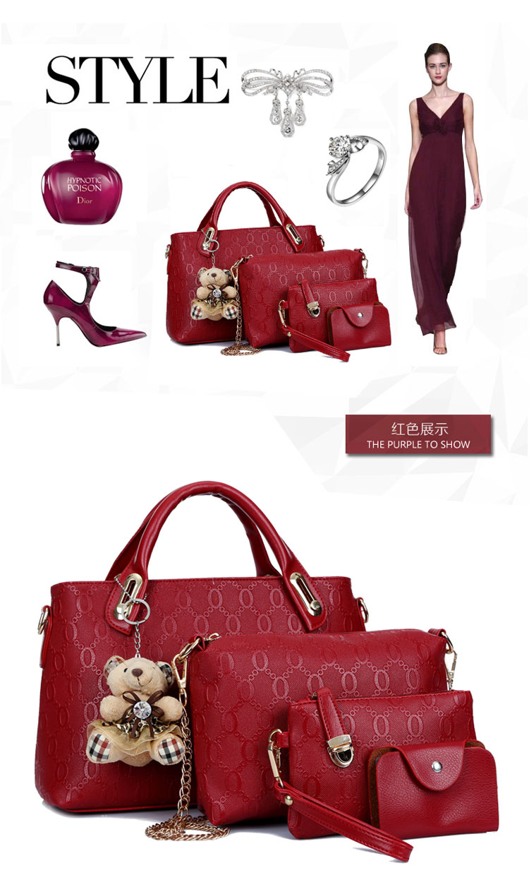 新款欧美风范时尚女包 小熊吊坠潮流压花子母包四件套详情12