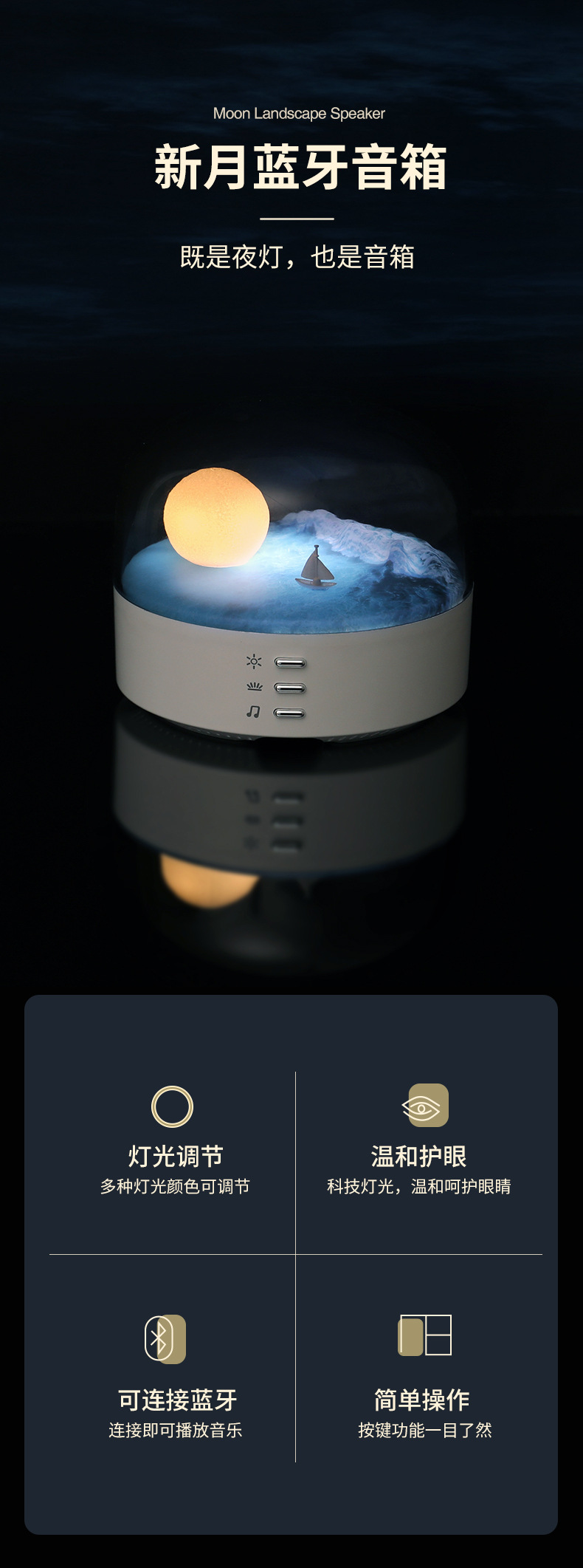 新月夜灯高颜值礼物无线蓝牙音响家用卧室床头USB充电小夜灯摆件详情1