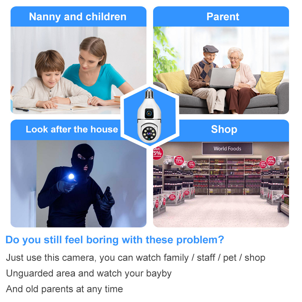 New dual-eye wireless bulb camera factory wholesale WIFI panoramic pan-tilt home indoor lamp socket monitor pic 1