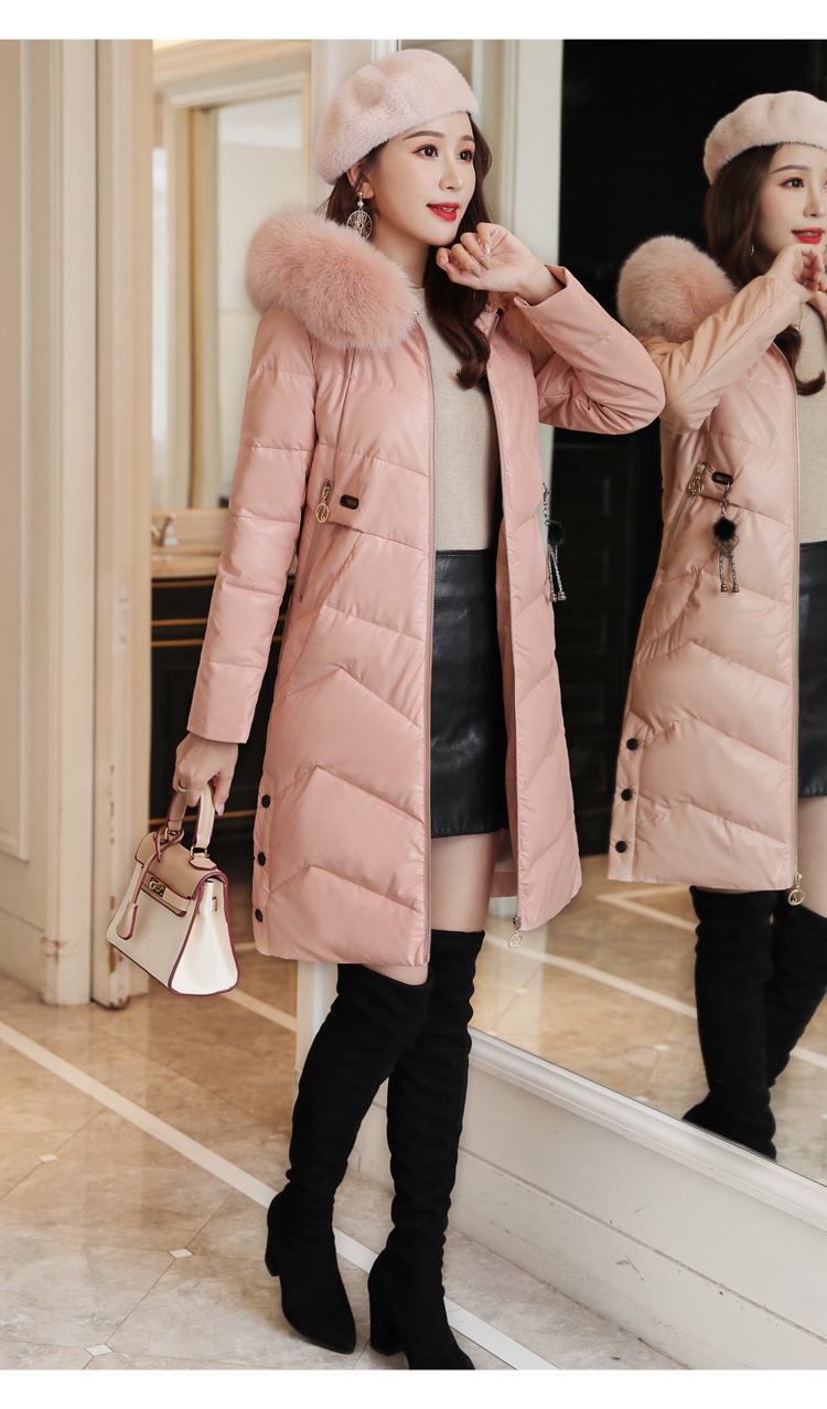 Korean winter new mid-length down cotton-padded jacket, PU leather, true fox fur collar, thickened leather coat pic 16