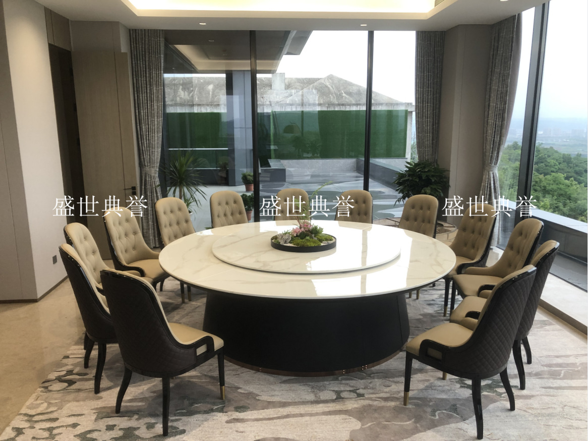 Solid wood furniture for five-star hotels in Hangzhou, seafood style, marble electric dining table, high-end club, light luxury large round table pic 11