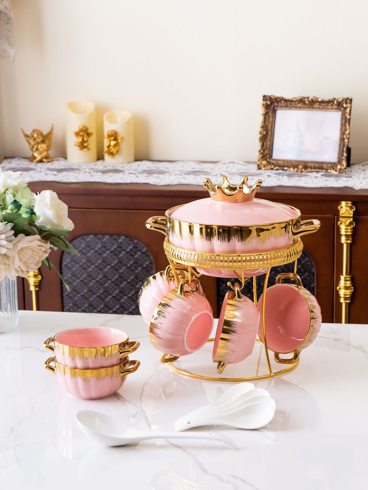 出口创意家用餐具镀金汤锅带盖高档轻奢双耳陶瓷汤锅套装带铁架详情1