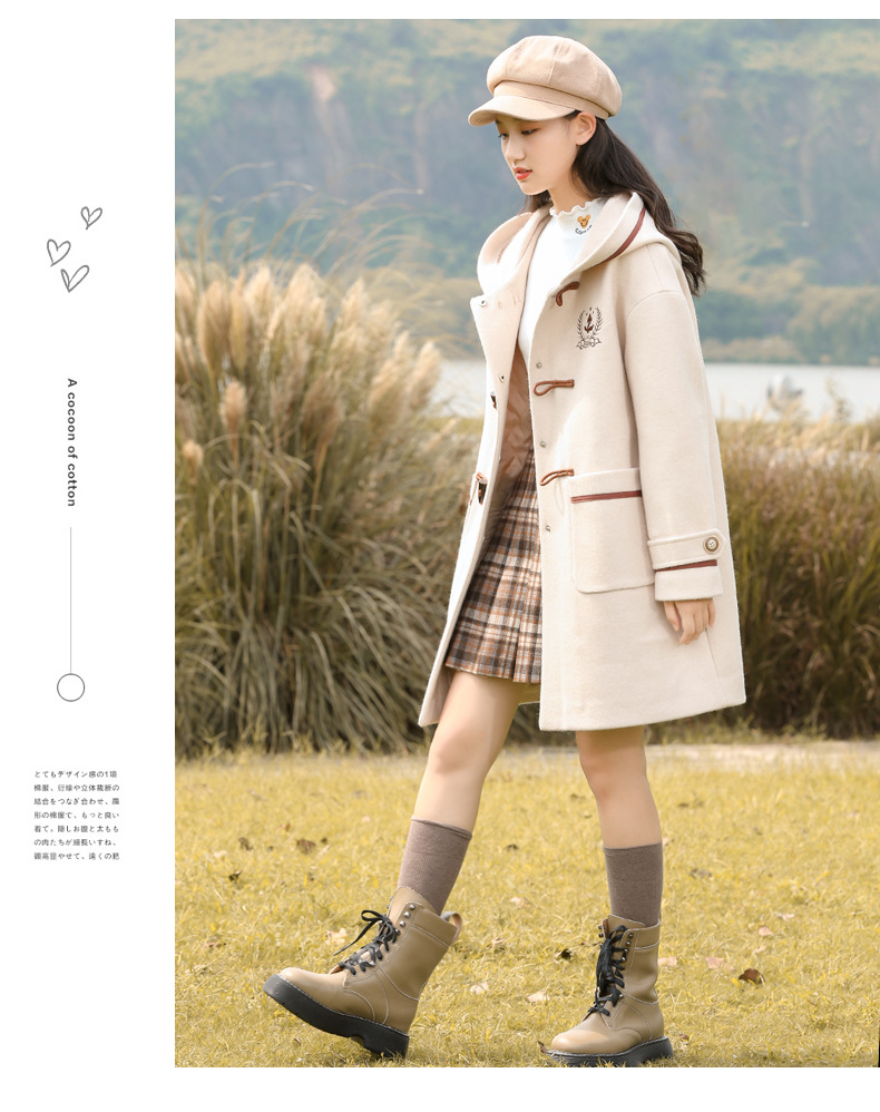 21516 College-style woolen coat 2021 Autumn/Winter new style for junior high school students, winter wear for girls with horn buttons and woolen fabric pic 10