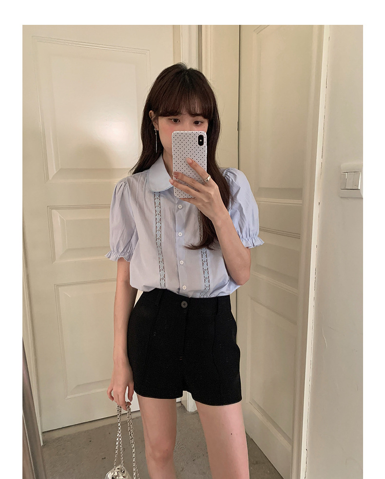 【歌铭】法式复古蕾丝娃娃领减龄衬衫女装夏季新款短袖开衫Y1417F详情14