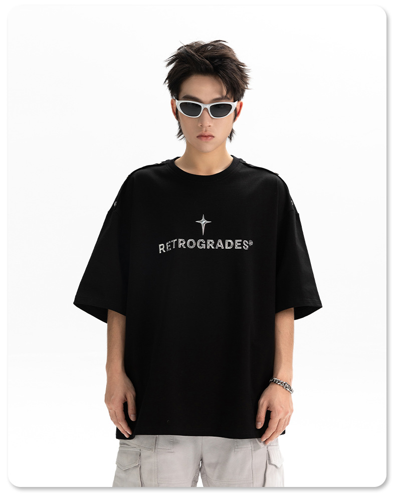 Shoulder four-button design T-shirt for men, loose American streetwear brand, metallic texture printed high street short-sleeved T-shirt, summer q pic 10