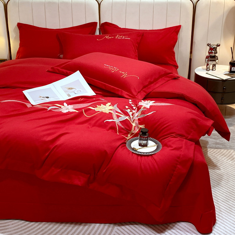 Nantong Home Textile solid color embroidered bedding four-piece set, brushed washed cotton Class a baby and mother grade quilt cover and bed sheet consignment pic 40