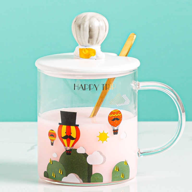 手绘卡通气球城堡玻璃杯创意情侣马克杯男女生水杯礼品早餐咖啡杯详情9