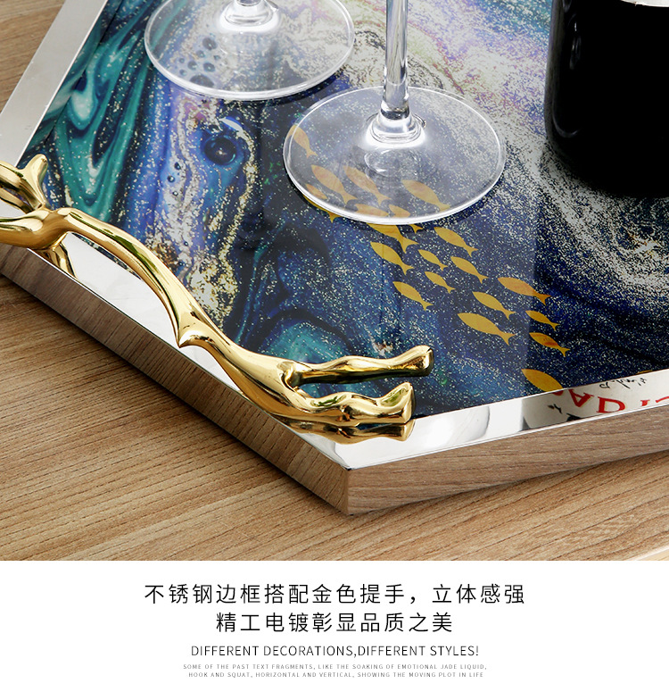 Nordic light luxury style creative glass fruit plate, home tea tray, storage tray, living room decoration plate, display plate with copper handle pic 4