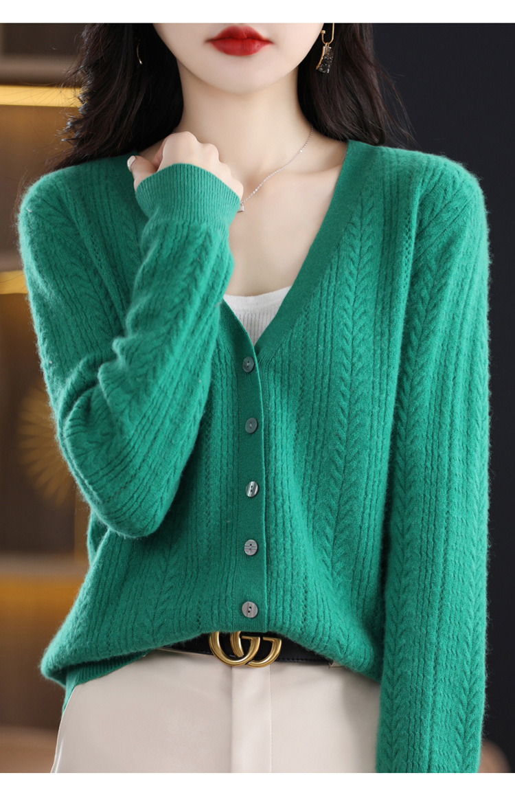 绒狼2023秋冬新款女士V领羊毛针织麻花开衫宽松长袖短款外套女详情13