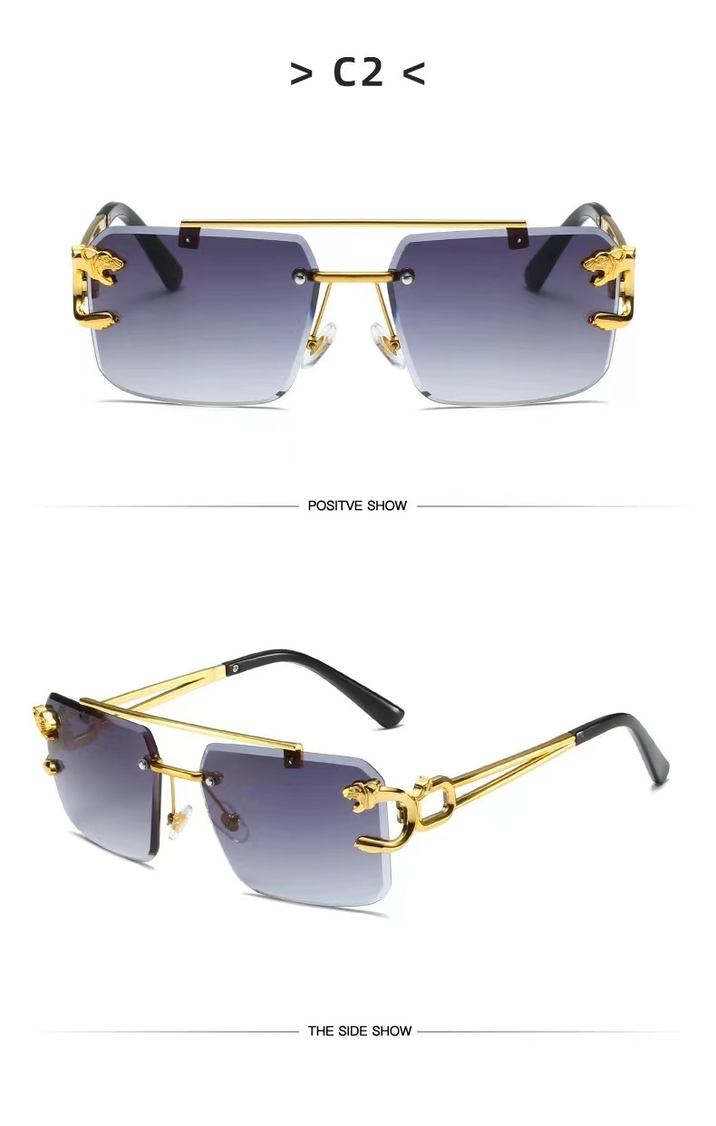 Crossover sin marco gafas de sol cabeza de leopardo moda corte de borde gafas de sol hombre temperamento mujer tendencia europea y americana influencers street raqueta gafas pic 7