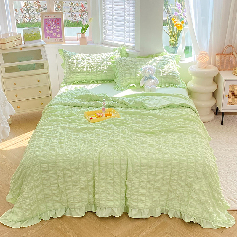 Simple style bubble gauze summer quilt four-piece set, high-end solid color washed cotton bed sheet, bed skirt, quilt cover, dormitory three-piece set pic 20