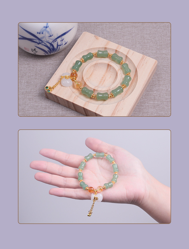 新疆天然金丝玉手链天山翠玉竹节钱袋单圈手链隔壁玉石手串文玩文玩佛珠手串珠子详情10