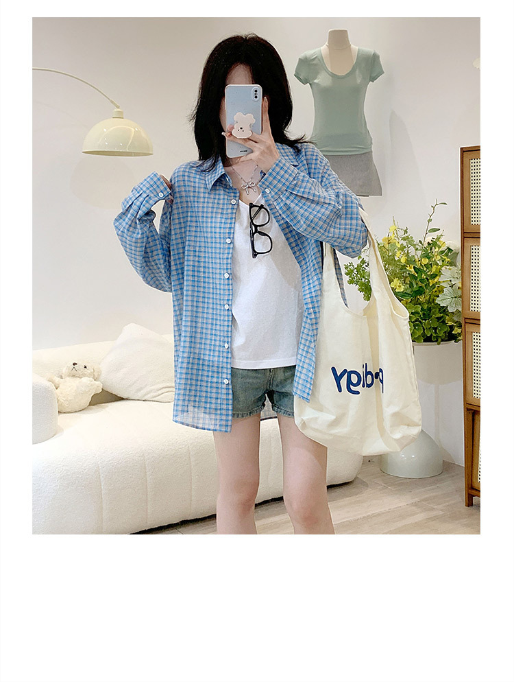 A fresh and light blue checkered long-sleeved shirt for women's spring and autumn new design, loose and slimming, laid-back shirt top pic 14
