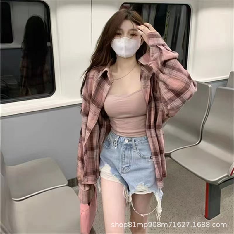 美式复古法式粉色格子衬衫女春夏2025新款设计感宽松内搭外套上衣详情3
