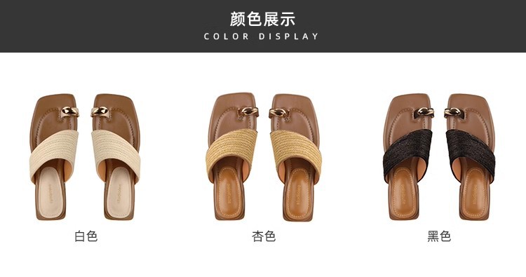 葡萄妈夏季新款度假风金属夹脚气质方头草编织套趾凉拖鞋女外穿详情11