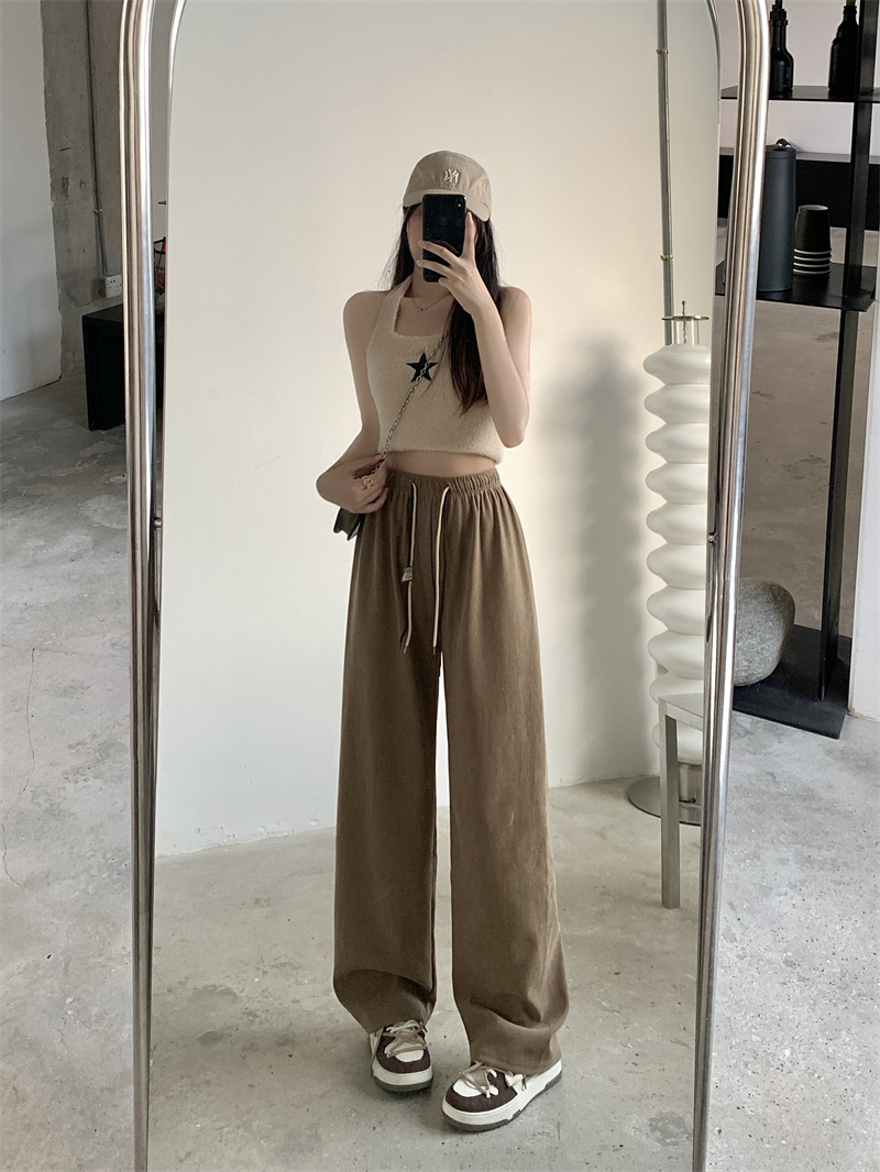 Corduroy ultra-fine corduroy wide-leg pants for women, new autumn style double drawstring smiling face belt casual pants, high-waisted straight-leg pants pic 6